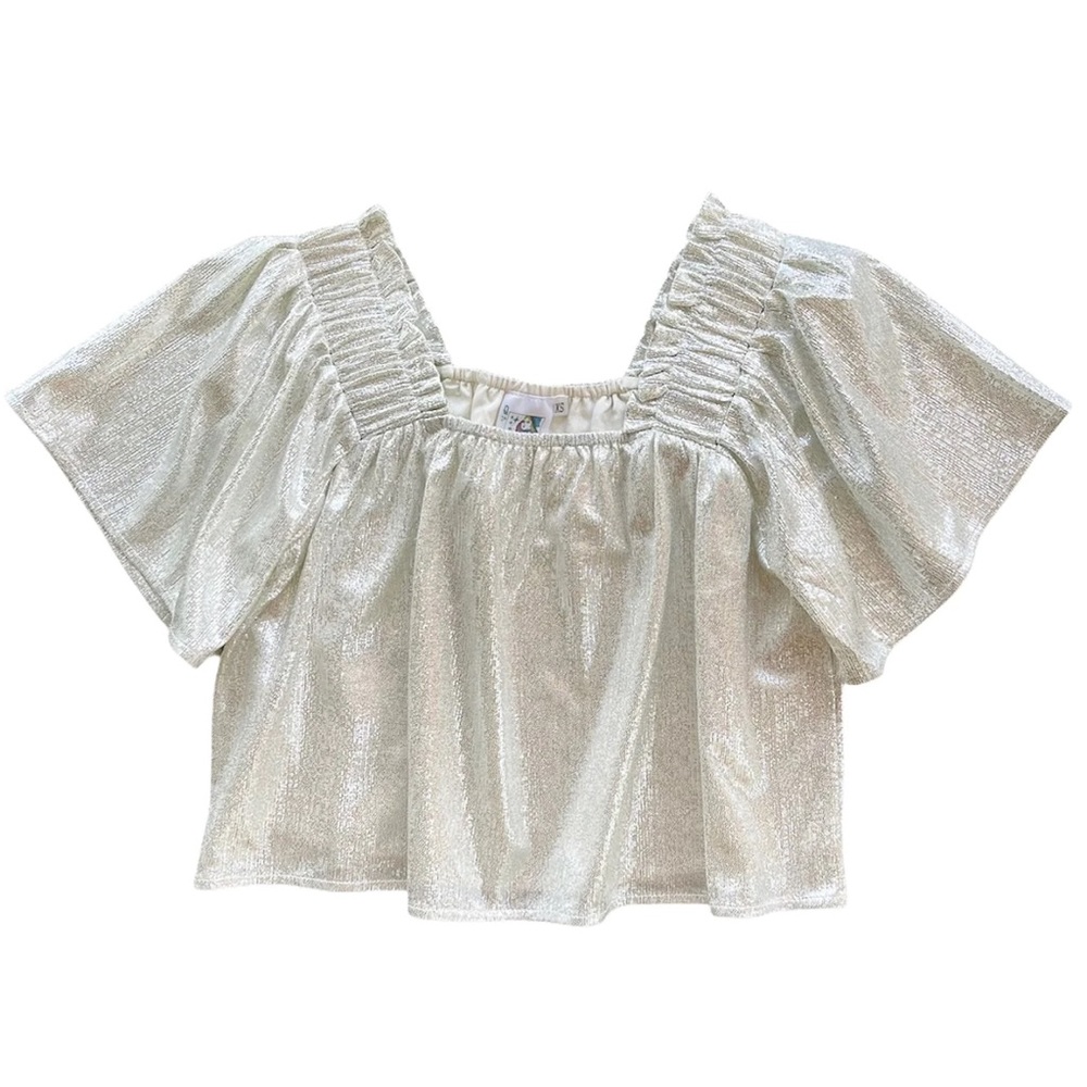 Queen of sparkles flutter top in warm silver